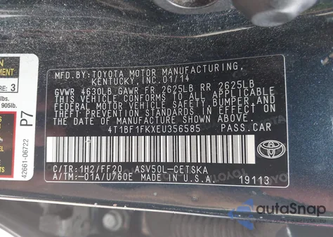 2014 Toyota Camry Se from USA, damaged, VIN 4T1BF1FKXEU356585